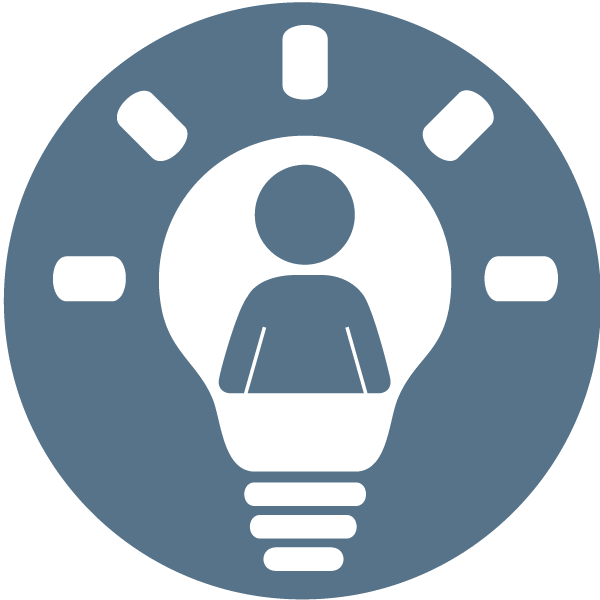 The QM Self Review icon, featuring a silhouette of a person suspended in a glowing light bulb.